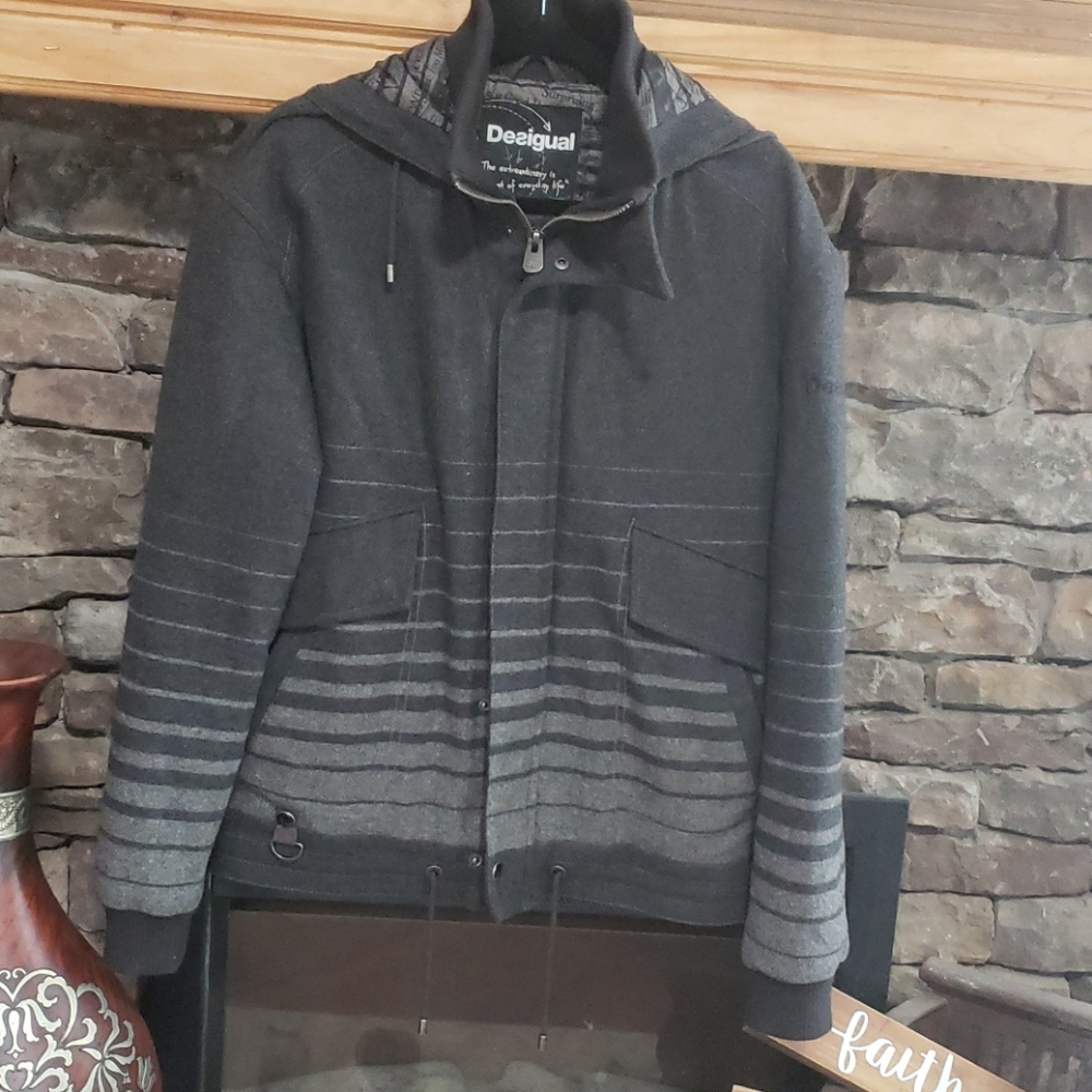 DESIGUAL WOOL MIX HOODED COAT SZ L